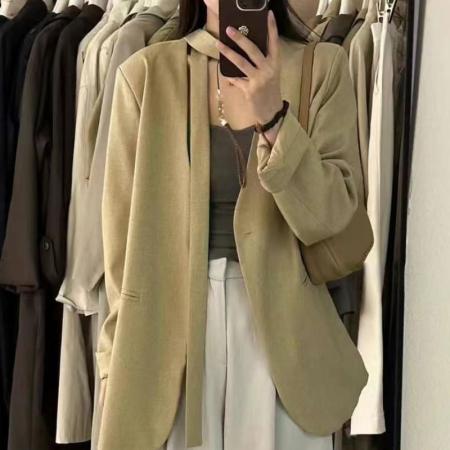 FA55527# 自留推荐高品质v领一粒扣宽松系带西装外套  服裝批發女裝批發服飾貨源