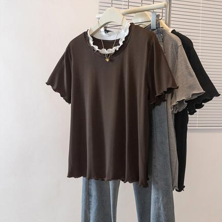 FA55530# 大码女装春季新款韩版高级感潮流下摆木耳边设计显瘦修身上衣  服裝批發女裝批發服飾貨源