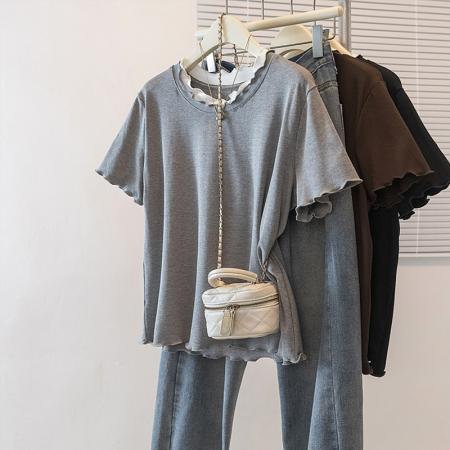 FA55530# 大码女装春季新款韩版高级感潮流下摆木耳边设计显瘦修身上衣  服裝批發女裝批發服飾貨源