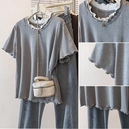 FA55530# 大码女装春季新款韩版高级感潮流下摆木耳边设计显瘦修身上衣  服裝批發女裝批發服飾貨源