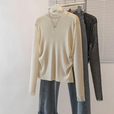 FA55531# 大码女装新款韩版网纱打底衫高级感半高领宽松蕾丝上衣  服裝批發女裝批發服飾貨源