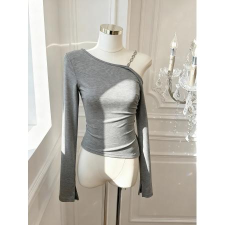 FA55532# 纯欲辣妹露肩长袖T恤女修身斜肩不规则设计感开叉上衣  服裝批發女裝批發服飾貨源