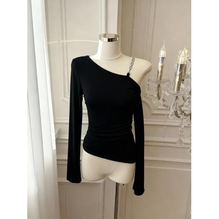 FA55532# 纯欲辣妹露肩长袖T恤女修身斜肩不规则设计感开叉上衣  服裝批發女裝批發服飾貨源