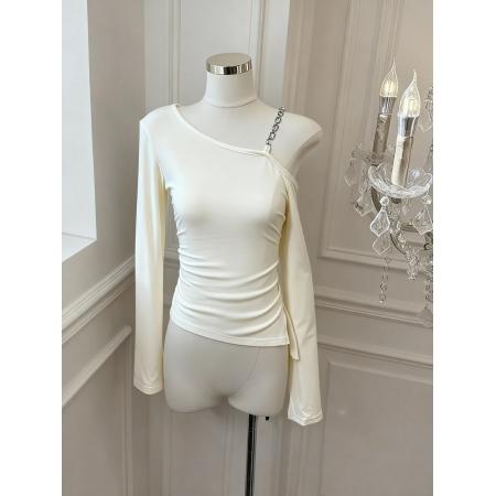 FA55532# 纯欲辣妹露肩长袖T恤女修身斜肩不规则设计感开叉上衣  服裝批發女裝批發服飾貨源