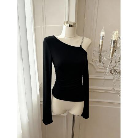 FA55532# 纯欲辣妹露肩长袖T恤女修身斜肩不规则设计感开叉上衣  服裝批發女裝批發服飾貨源