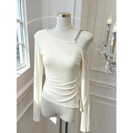 FA55532# 纯欲辣妹露肩长袖T恤女修身斜肩不规则设计感开叉上衣  服裝批發女裝批發服飾貨源