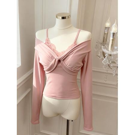 FA55533# 娇柔软玉蕾丝拼接假两件上衣女修身显瘦扭结针织衫  服裝批發女裝批發服飾貨源