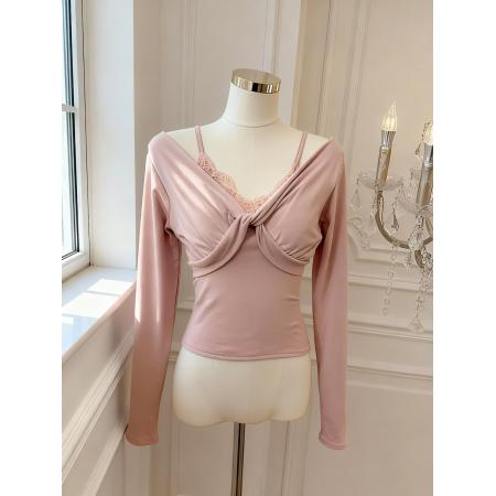 FA55533# 娇柔软玉蕾丝拼接假两件上衣女修身显瘦扭结针织衫  服裝批發女裝批發服飾貨源