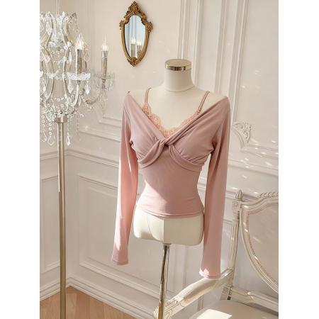 FA55533# 娇柔软玉蕾丝拼接假两件上衣女修身显瘦扭结针织衫  服裝批發女裝批發服飾貨源