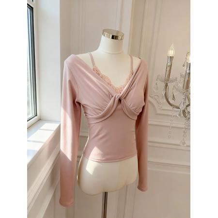 FA55533# 娇柔软玉蕾丝拼接假两件上衣女修身显瘦扭结针织衫  服裝批發女裝批發服飾貨源