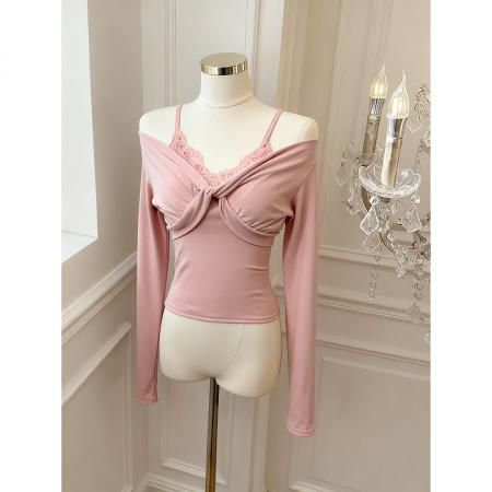 FA55533# 娇柔软玉蕾丝拼接假两件上衣女修身显瘦扭结针织衫  服裝批發女裝批發服飾貨源