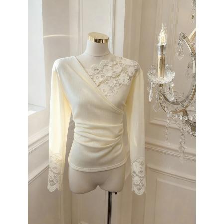 FA55534# 法式v领蕾丝拼接针织衫女春季收腰显瘦打底衫上衣  服裝批發女裝批發服飾貨源