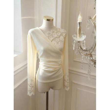 FA55534# 法式v领蕾丝拼接针织衫女春季收腰显瘦打底衫上衣  服裝批發女裝批發服飾貨源