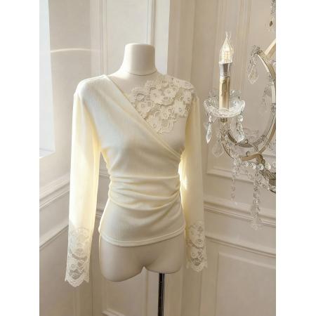 FA55534# 法式v领蕾丝拼接针织衫女春季收腰显瘦打底衫上衣  服裝批發女裝批發服飾貨源