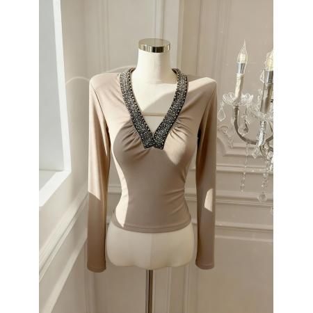 FA55535# v领复古钉珠修身长袖上衣手工拼接T恤显瘦内搭打底  服裝批發女裝批發服飾貨源