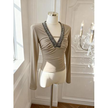 FA55535# v领复古钉珠修身长袖上衣手工拼接T恤显瘦内搭打底  服裝批發女裝批發服飾貨源