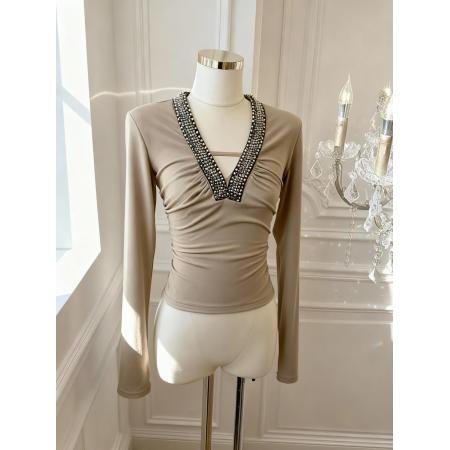 FA55535# v领复古钉珠修身长袖上衣手工拼接T恤显瘦内搭打底  服裝批發女裝批發服飾貨源