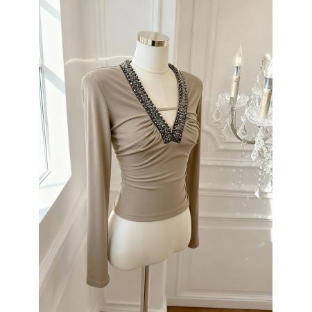 FA55535# v领复古钉珠修身长袖上衣手工拼接T恤显瘦内搭打底  服裝批發女裝批發服飾貨源