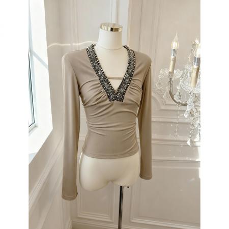 FA55535# v领复古钉珠修身长袖上衣手工拼接T恤显瘦内搭打底  服裝批發女裝批發服飾貨源