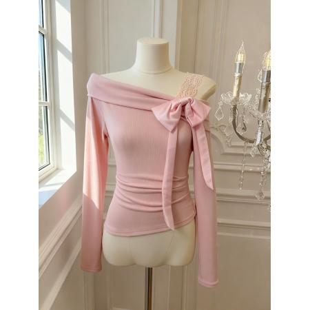 FA55536# 法式一字肩蝴蝶结系带长袖针织衫女露肩打底衫上衣  服裝批發女裝批發服飾貨源