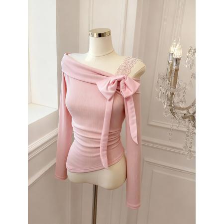 FA55536# 法式一字肩蝴蝶结系带长袖针织衫女露肩打底衫上衣  服裝批發女裝批發服飾貨源