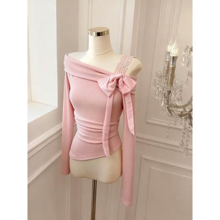 FA55536# 法式一字肩蝴蝶结系带长袖针织衫女露肩打底衫上衣  服裝批發女裝批發服飾貨源