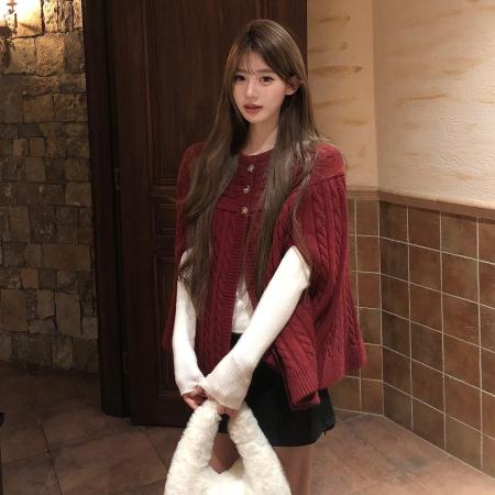 FA55537# 过新年穿搭红色斗篷毛衣女秋冬季新爆款巨好看针织衫内搭上衣  服裝批發女裝批發服飾貨源