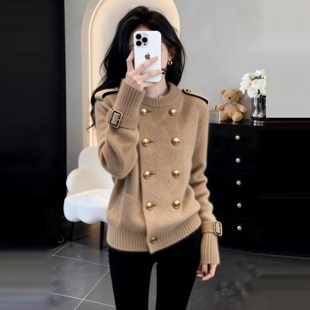 FA55538# 法式高级感双排扣黑色毛衣女秋冬新款慵懒高级感宽松针织上衣  服裝批發女裝批發服飾貨源