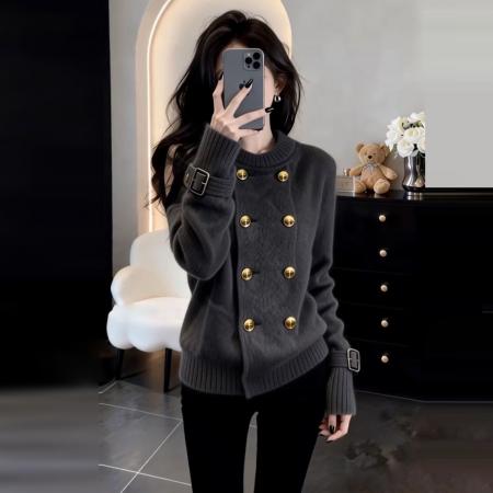 FA55538# 法式高级感双排扣黑色毛衣女秋冬新款慵懒高级感宽松针织上衣  服裝批發女裝批發服飾貨源