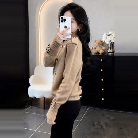 FA55538# 法式高级感双排扣黑色毛衣女秋冬新款慵懒高级感宽松针织上衣  服裝批發女裝批發服飾貨源