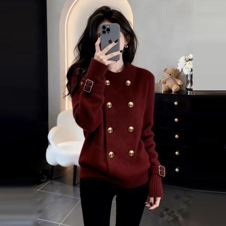 FA55538# 法式高级感双排扣黑色毛衣女秋冬新款慵懒高级感宽松针织上衣  服裝批發女裝批發服飾貨源