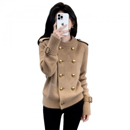 FA55538# 法式高级感双排扣黑色毛衣女秋冬新款慵懒高级感宽松针织上衣  服裝批發女裝批發服飾貨源