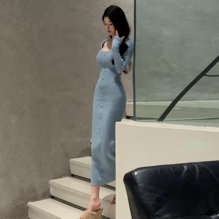 FA55540# 法式气质蓝色针织连衣裙子女秋冬新款高级感修身收腰包臀长裙  服裝批發女裝批發服飾貨源