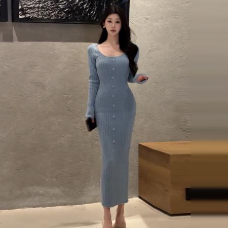 FA55540# 法式气质蓝色针织连衣裙子女秋冬新款高级感修身收腰包臀长裙  服裝批發女裝批發服飾貨源