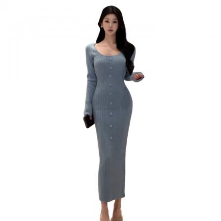 FA55540# 法式气质蓝色针织连衣裙子女秋冬新款高级感修身收腰包臀长裙  服裝批發女裝批發服飾貨源