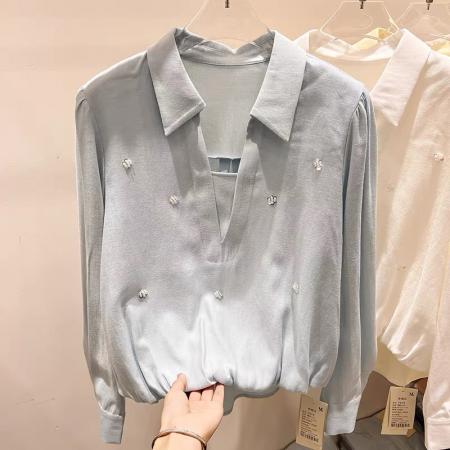 FA55541# 新款法式气质显瘦翻领开叉钉珠套头长袖衬衫女春季薄款上衣  服裝批發女裝批發服飾貨源