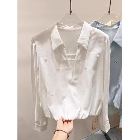 FA55541# 新款法式气质显瘦翻领开叉钉珠套头长袖衬衫女春季薄款上衣  服裝批發女裝批發服飾貨源