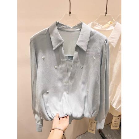FA55541# 新款法式气质显瘦翻领开叉钉珠套头长袖衬衫女春季薄款上衣  服裝批發女裝批發服飾貨源