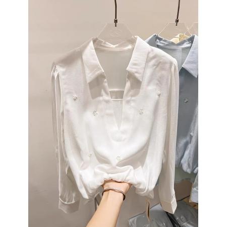 FA55541# 新款法式气质显瘦翻领开叉钉珠套头长袖衬衫女春季薄款上衣  服裝批發女裝批發服飾貨源