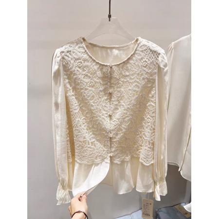 FA55542# 新款法式气质显瘦圆领钩花拼接单排扣长袖上衣女春季  服裝批發女裝批發服飾貨源