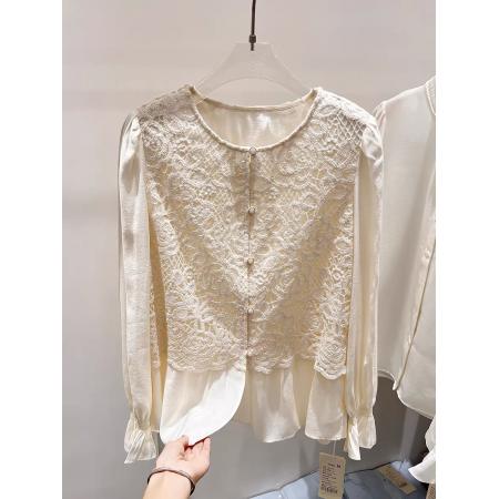 FA55542# 新款法式气质显瘦圆领钩花拼接单排扣长袖上衣女春季  服裝批發女裝批發服飾貨源