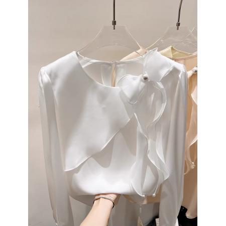 FA55543# 新款法式气质显瘦圆领荷叶边拼接系带钉珠套头长袖雪纺衫女春  服裝批發女裝批發服飾貨源