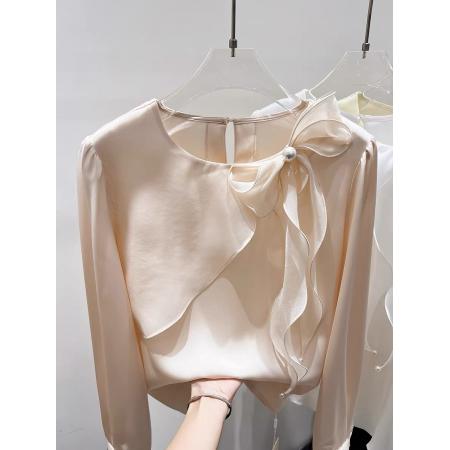 FA55543# 新款法式气质显瘦圆领荷叶边拼接系带钉珠套头长袖雪纺衫女春  服裝批發女裝批發服飾貨源