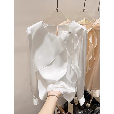 FA55543# 新款法式气质显瘦圆领荷叶边拼接系带钉珠套头长袖雪纺衫女春  服裝批發女裝批發服飾貨源