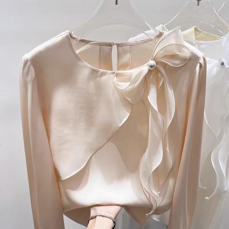 FA55543# 新款法式气质显瘦圆领荷叶边拼接系带钉珠套头长袖雪纺衫女春  服裝批發女裝批發服飾貨源