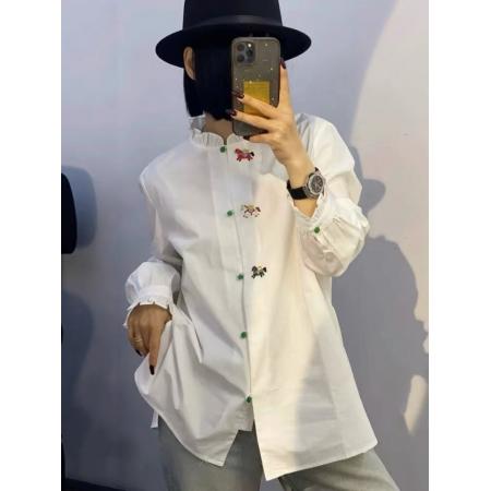 FA55544# 木耳边领刺绣长袖衬衫女新款别致上衣衬衣  服裝批發女裝批發服飾貨源