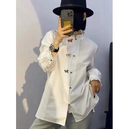 FA55544# 木耳边领刺绣长袖衬衫女新款别致上衣衬衣  服裝批發女裝批發服飾貨源