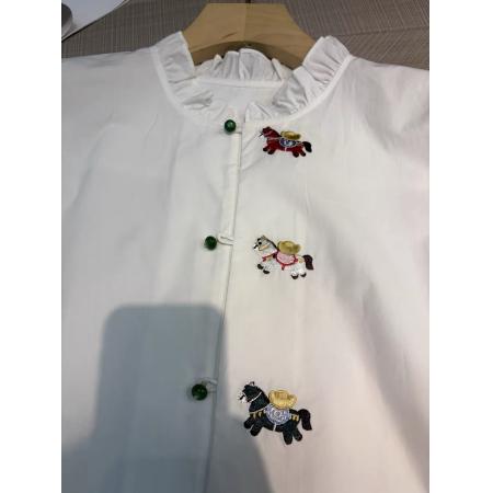 FA55544# 木耳边领刺绣长袖衬衫女新款别致上衣衬衣  服裝批發女裝批發服飾貨源