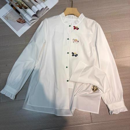 FA55544# 木耳边领刺绣长袖衬衫女新款别致上衣衬衣  服裝批發女裝批發服飾貨源