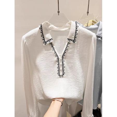 FA55545# 新款韩国气质显瘦翻领刺绣套头长袖衬衫女春季上衣  服裝批發女裝批發服飾貨源